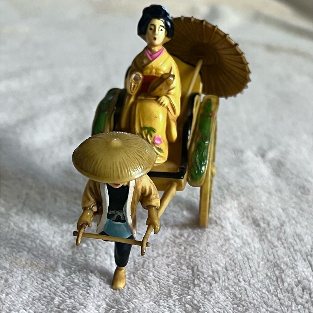 Vintage Mini Celluloid Rickshaw With Geisha Girl , Parasol, and running man 40s